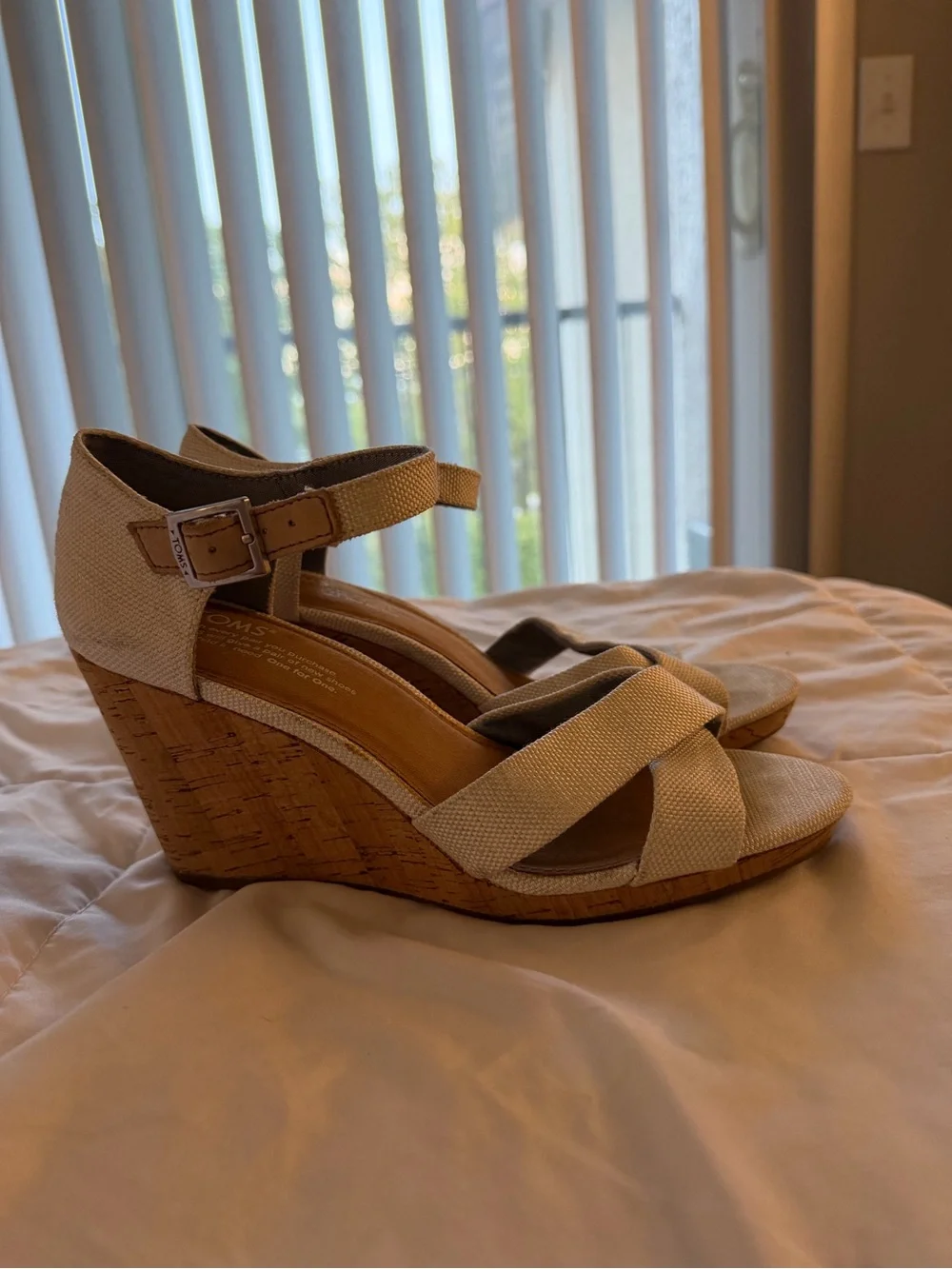 TOMS Beige Wedge Sandals with Ankle Strap - Women Shoes